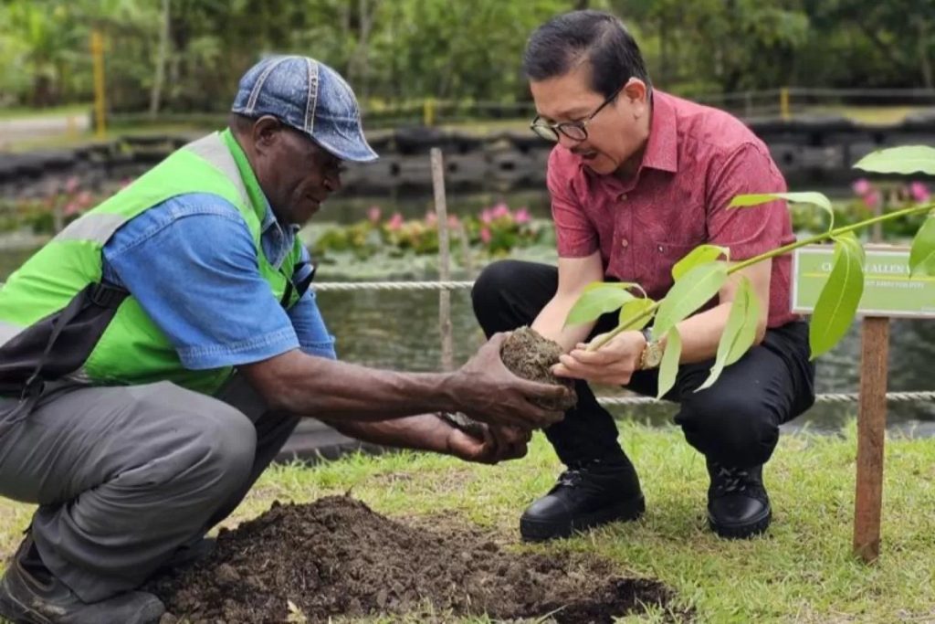 Presiden Direktur PT Freeport Indonesia, Tony Wenas melakukan penanaman pohon di area tailing MP21, Mimika, Sabtu (2/12). (ANTARA).