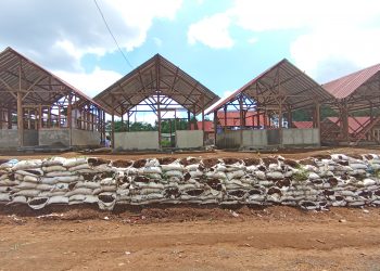 Karung-karung berisi tanah sebagai penahan longsor di lokasi hunian tetap (huntap) Kampung Cimenteng Pasirsalam, Desa Kertaangsana, Nyalindung, Sukabumi, Jawa Barat, Jumat (9/2/2024) mulai rusak.