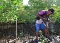 Warga menggali tanah untuk penanaman bibit mangrove jenis Rhizophora di kawasan pesisir Desa Tiwoho, Kecamatan Wori, Kabupaten Minahasa Utara, Provinsi Sulawesi Utara, Rabu. (Sugiharto Purnama)